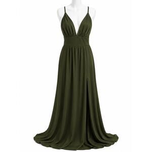 Olive Green Open Back Maxi Dress Plunge Tie Back Formal Wedding Guest Dress M